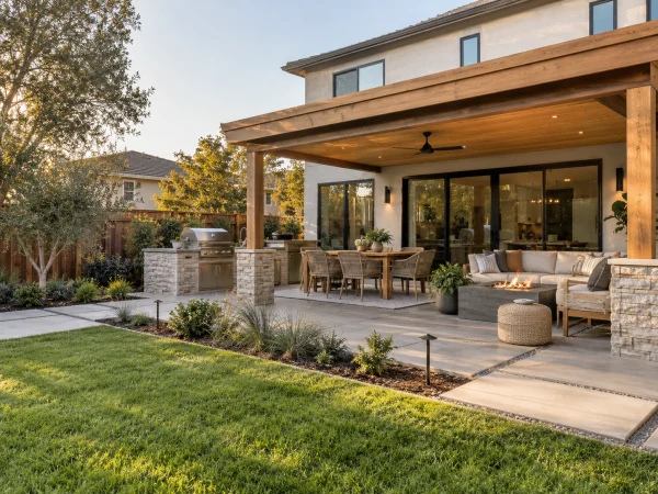 Covered patio with an outdoor kitchen and lounge seating