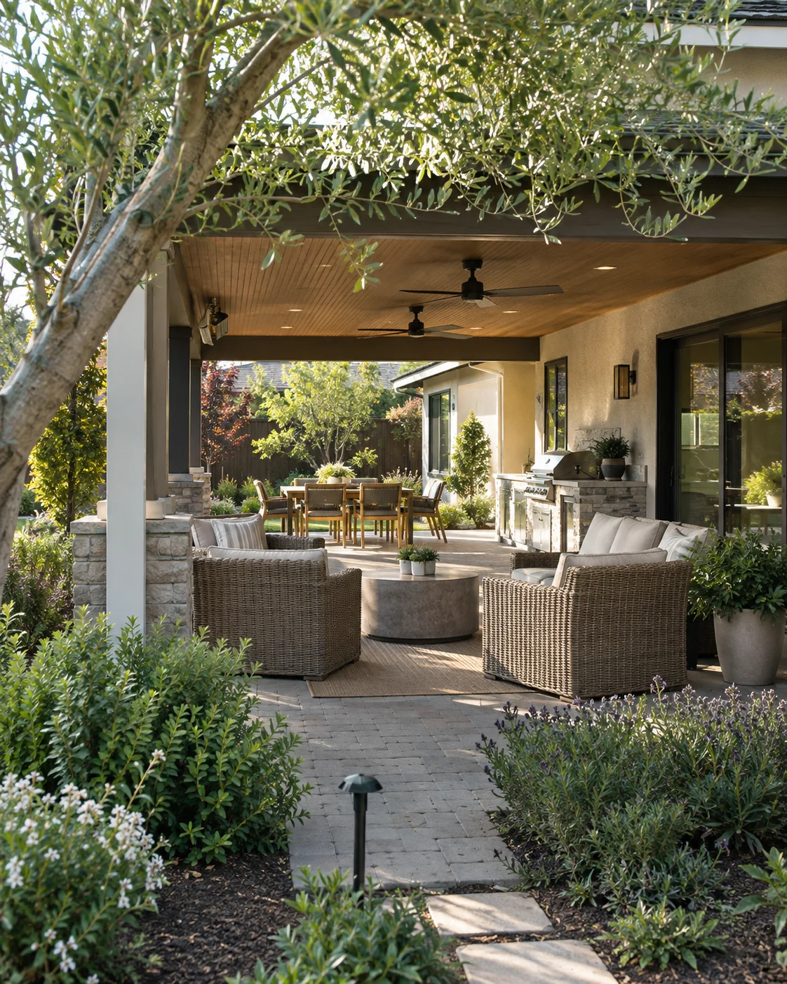 Covered patio with outdoor seating and a garden path