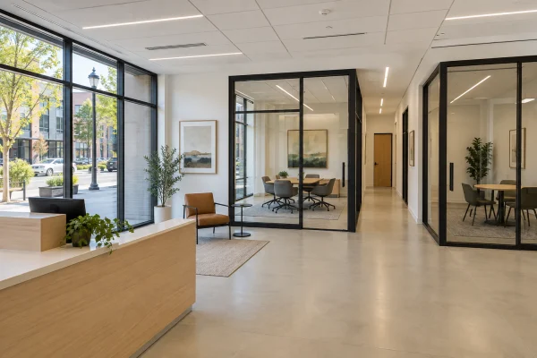Office lobby with glass-walled meeting rooms