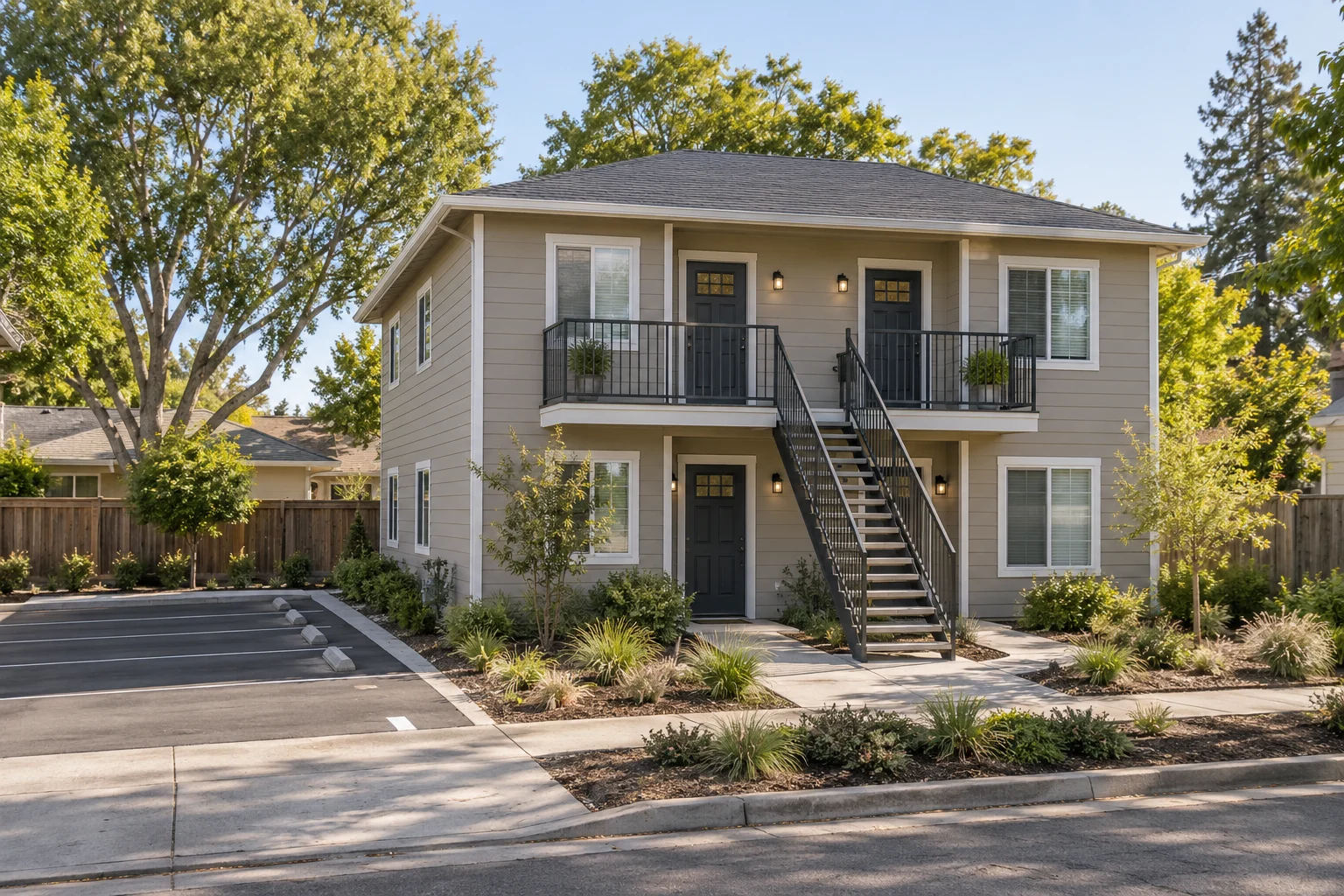 Two-story fourplex with exterior stairs and parking