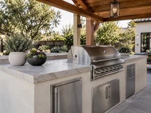 Outdoor kitchen with a built-in grill and wood pergola