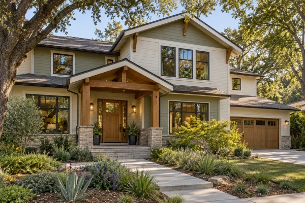 Two-story craftsman duplex with a stone base