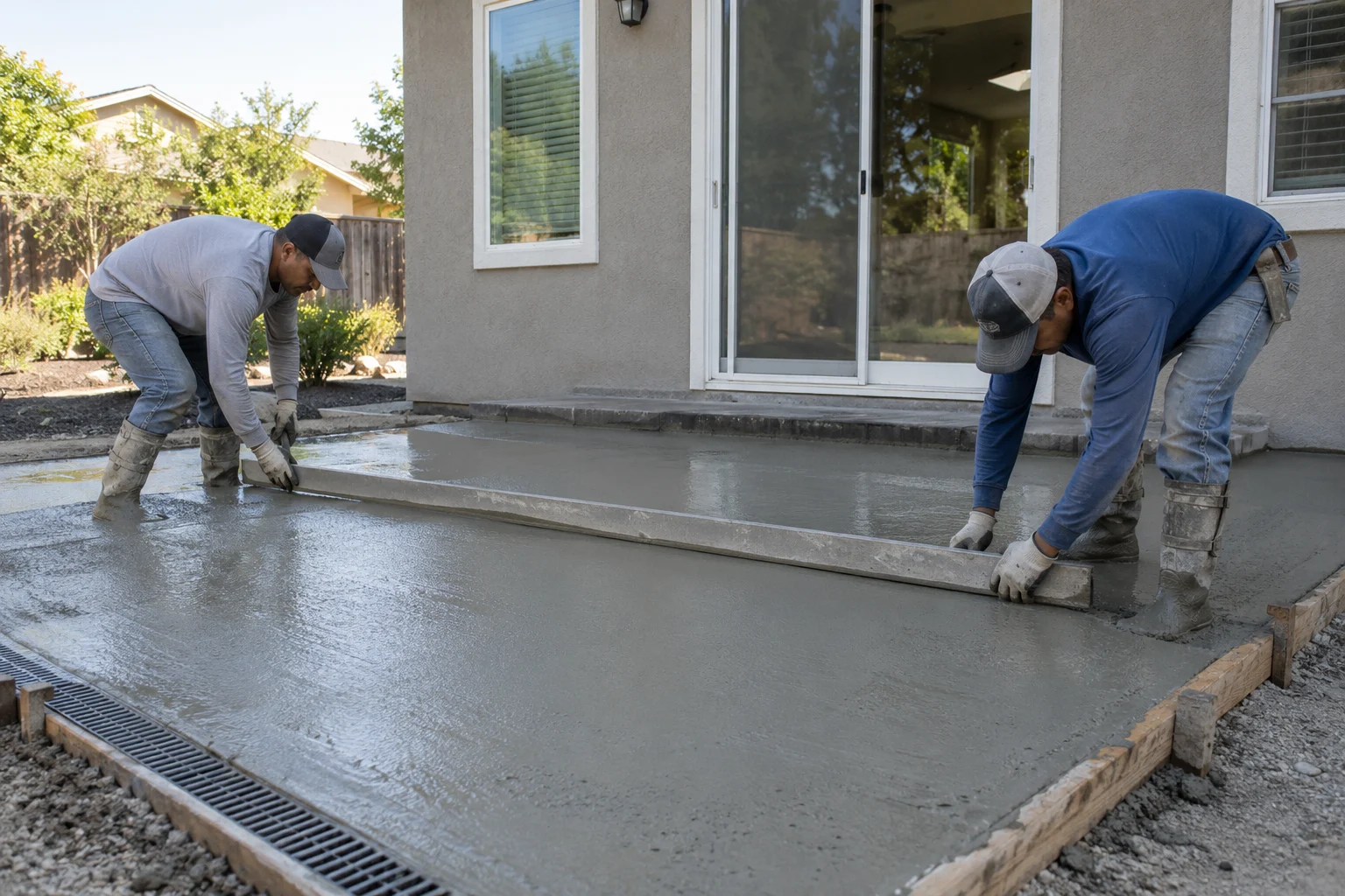 Two workers finishing a fresh concrete patio