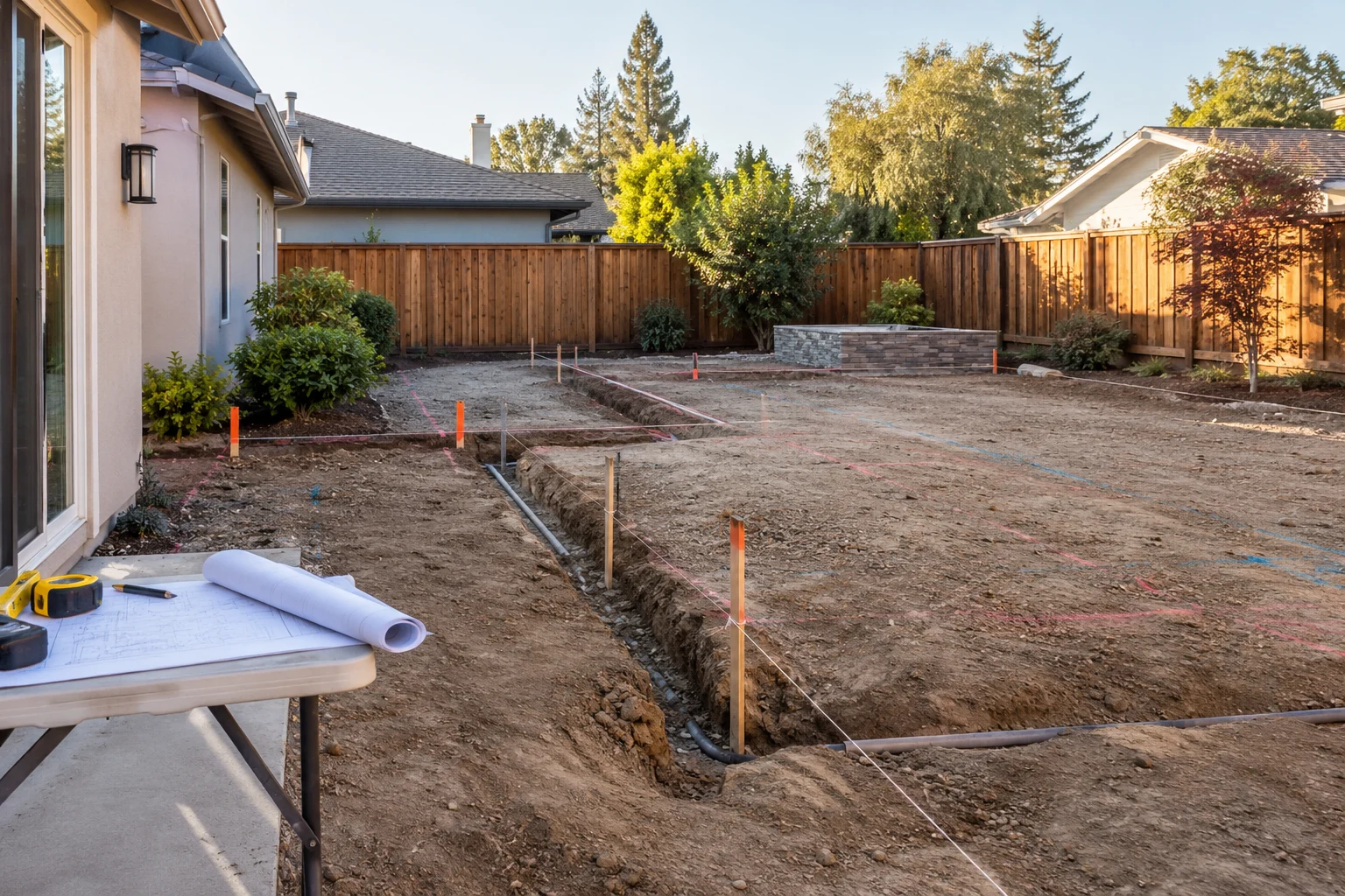 Backyard area marked with stakes for a new patio