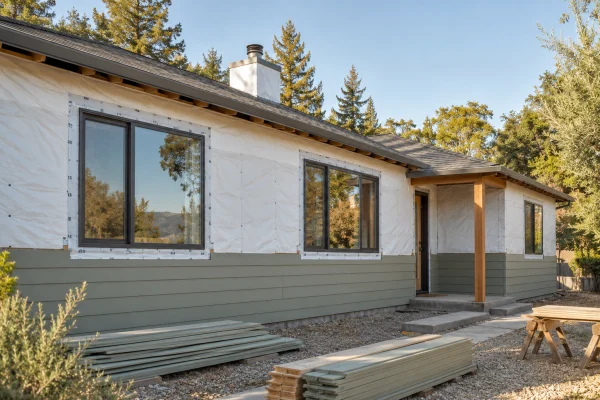 House wrapped in weather barrier during re-siding
