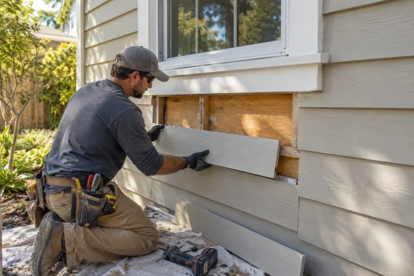 Worker replacing a damaged siding board
