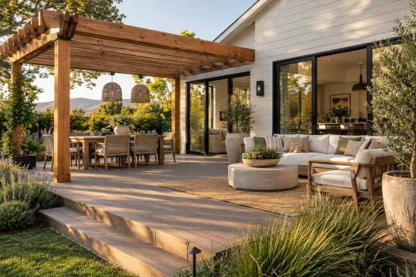 Pergola-covered patio with seating beside a house