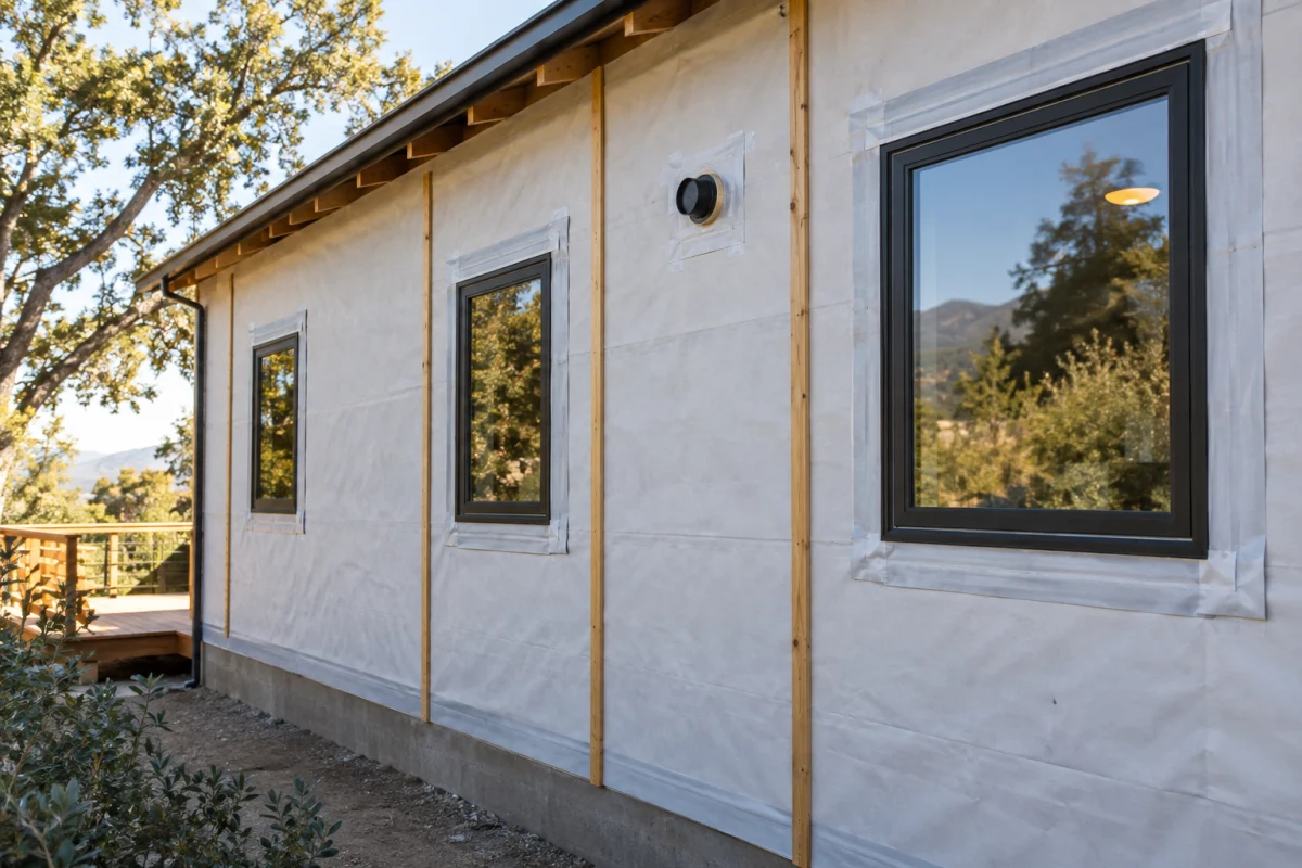 House wall wrapped in weather barrier around new windows