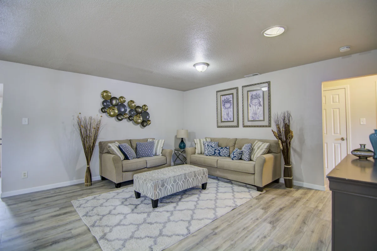 Living room with two sofas and light wood-look floors