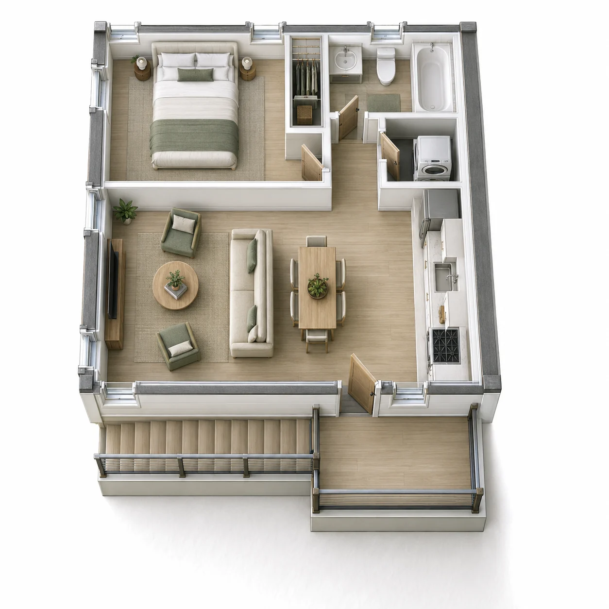 ADU Plan 3 – 500 sqft above garage 3D floor plan