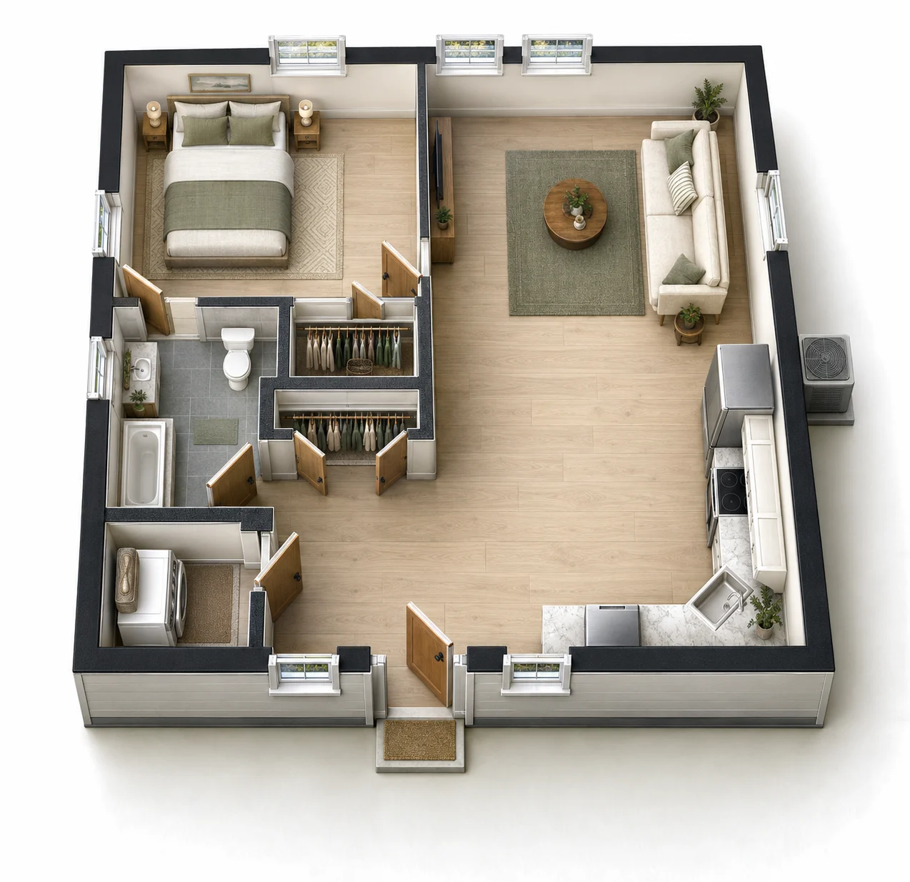 Plan 2 – One Bedroom (625 sq ft) 3D floor plan