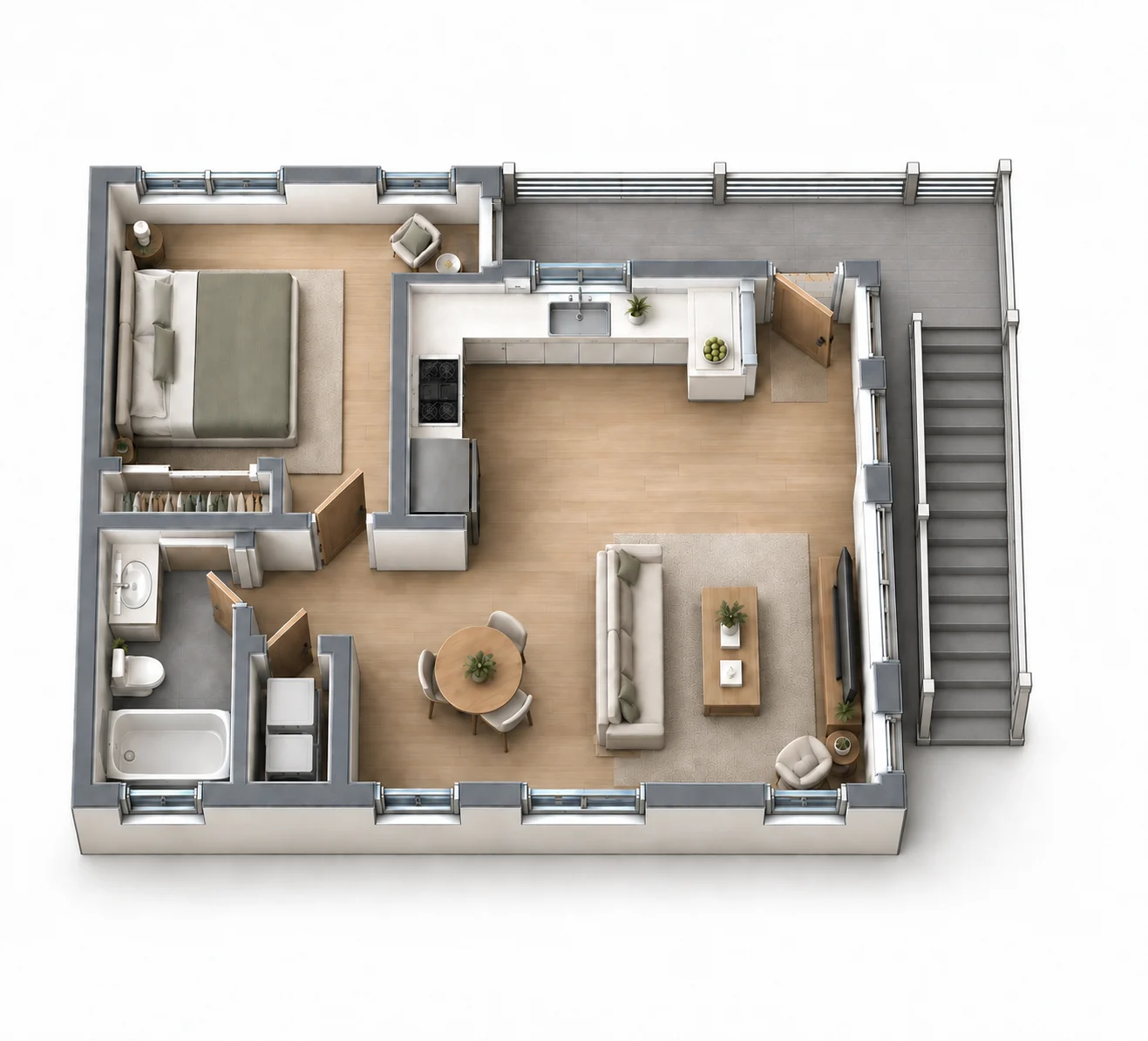 One Bedroom With Garage- 661 sq ft 3D floor plan