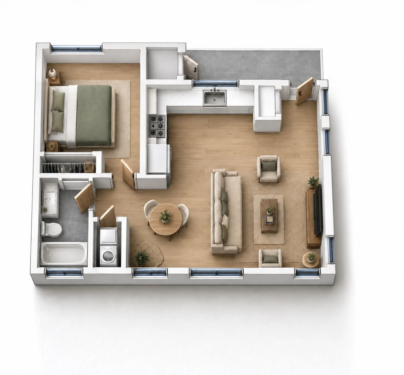 One Bedroom – 661 Square Feet Single Story 3D floor plan
