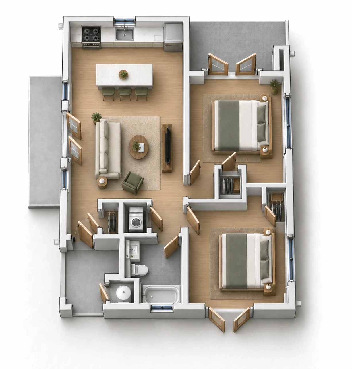 Pre-Designed Two-Bedroom ADU 3D floor plan