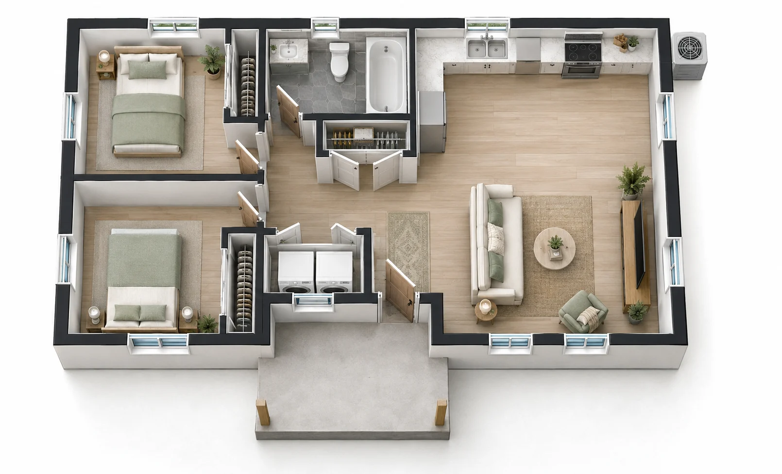 Plan 3 – Two Bedroom (746 sq ft) 3D floor plan