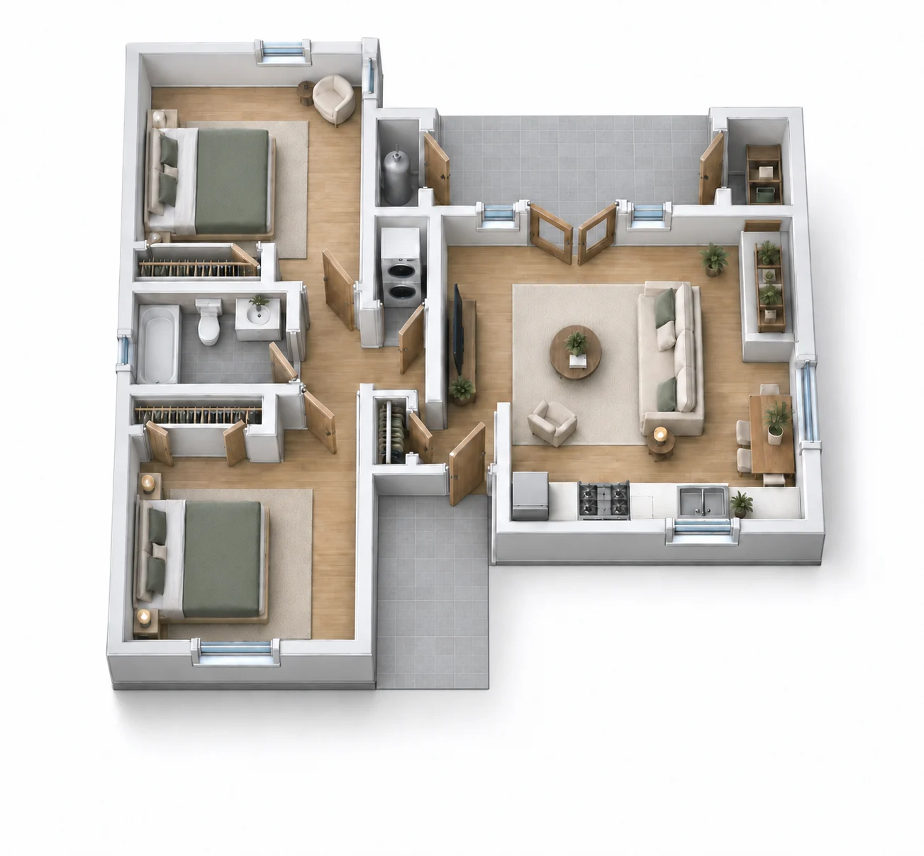 Two Bedroom – 746 sq ft 3D floor plan