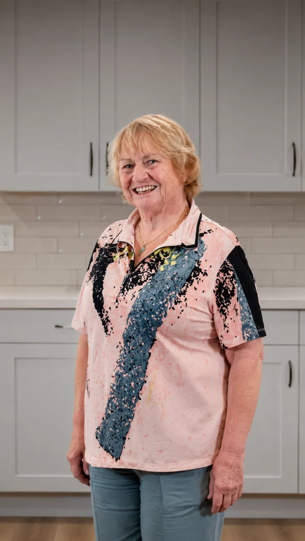 Homeowner standing in a kitchen with gray cabinets