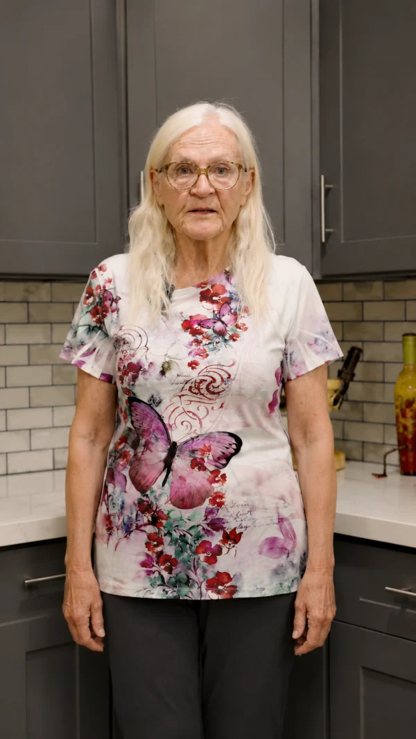 Homeowner standing in a kitchen with dark gray cabinets