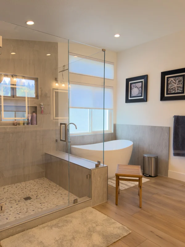 Bathroom with a walk-in shower and freestanding tub