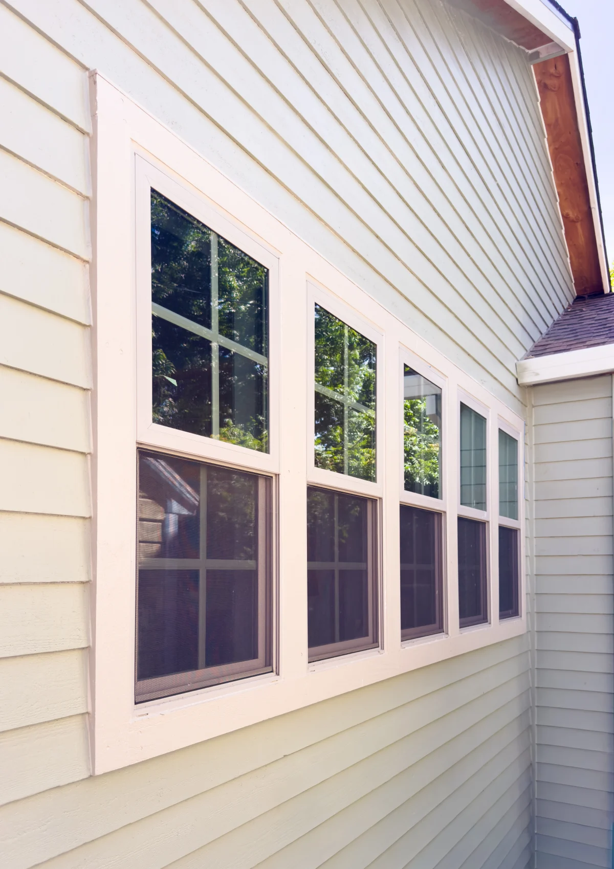 Addition with white-framed windows and cream lap siding
