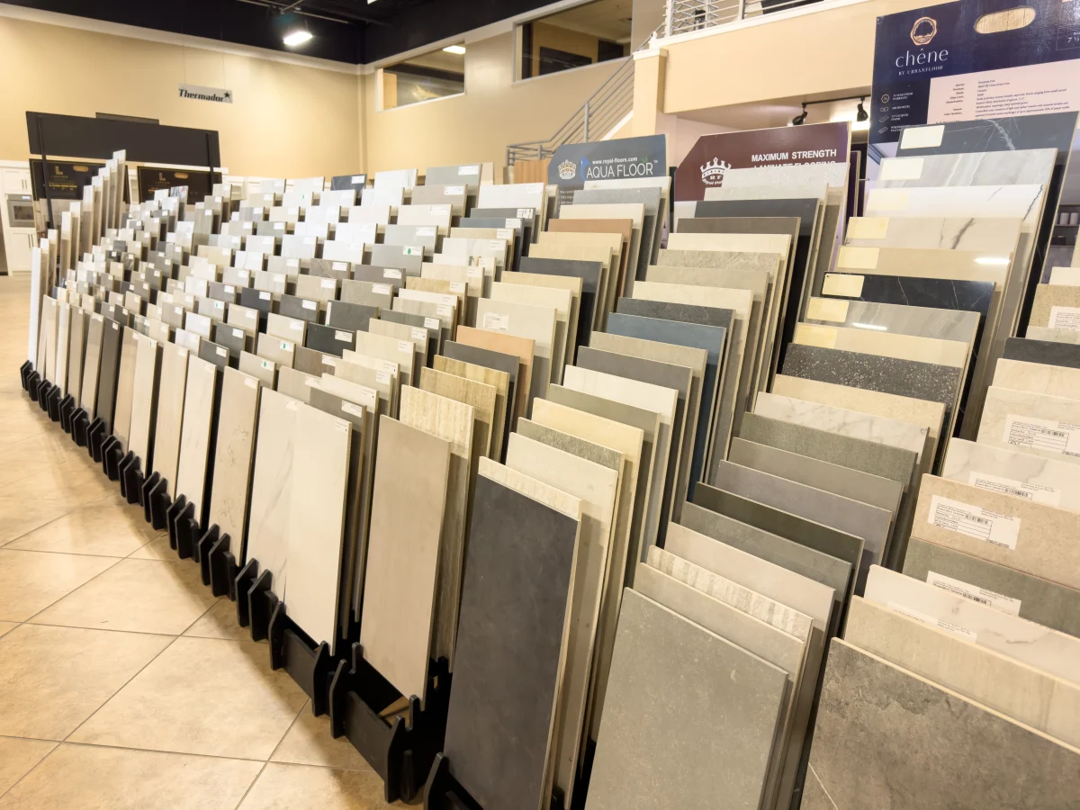 Rows of tile samples on display racks