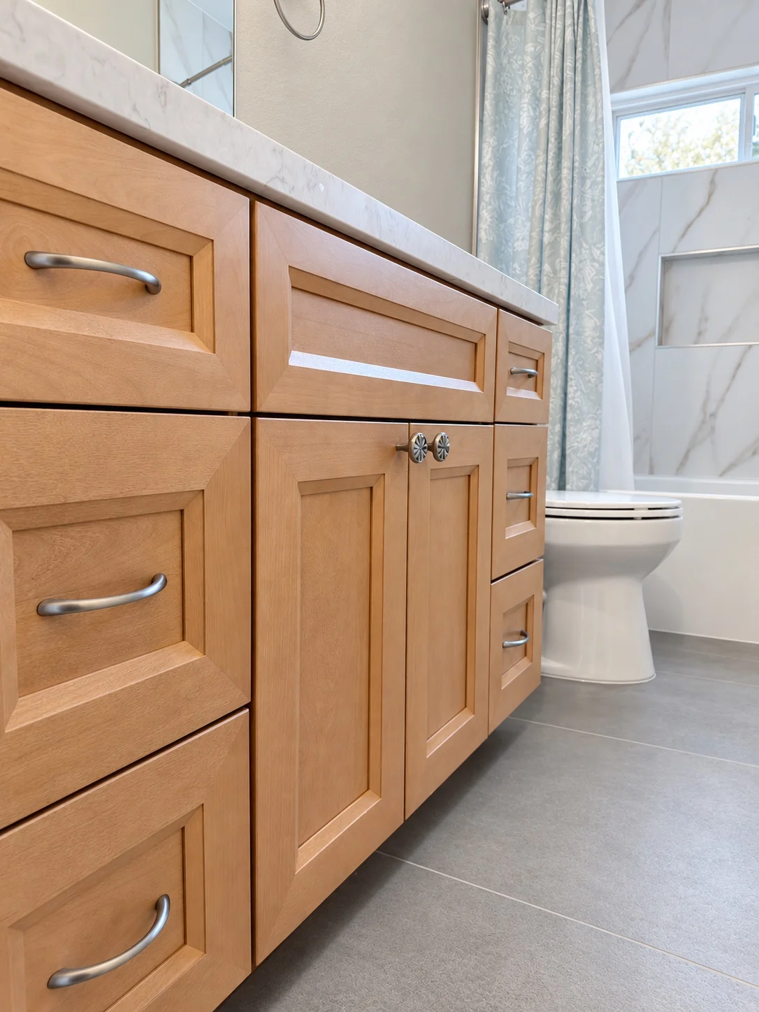 Wood bathroom vanity with drawers