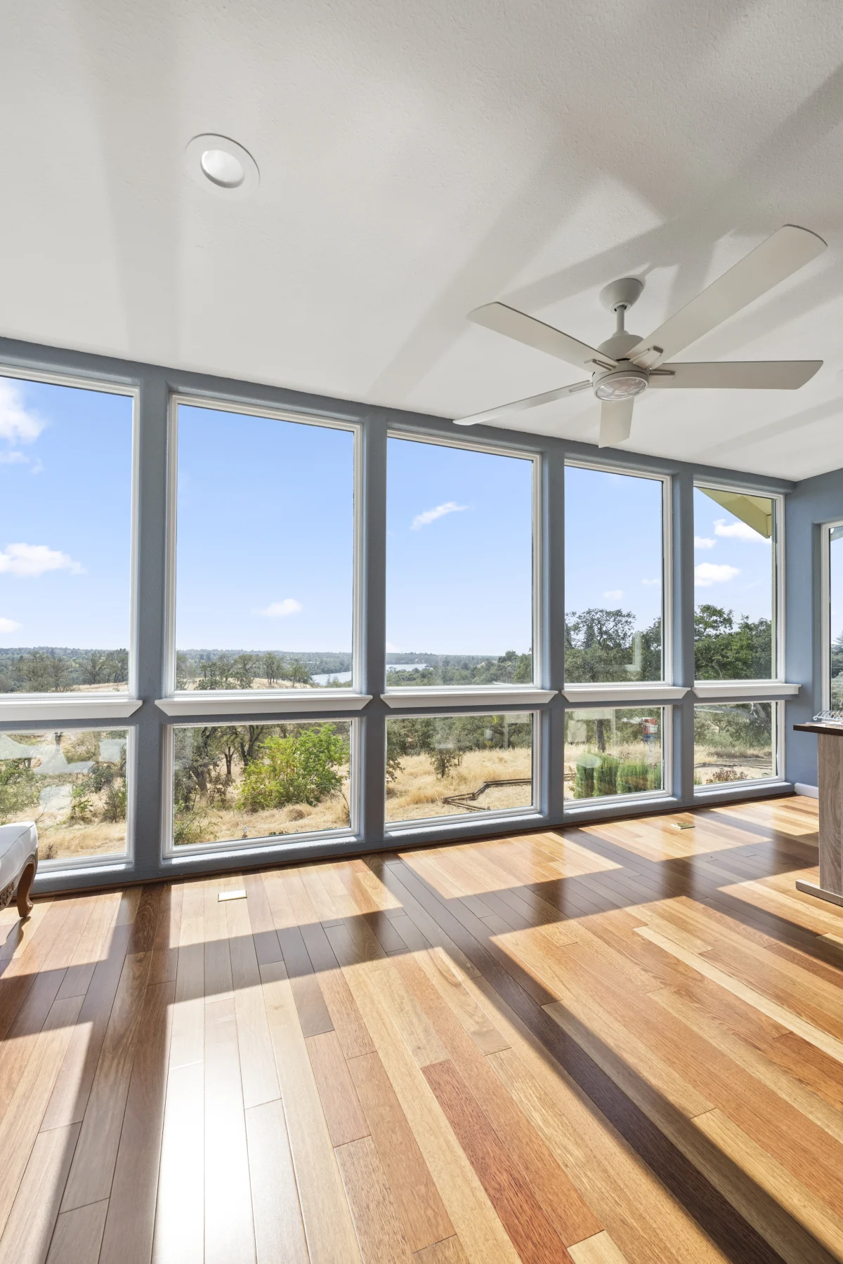 Room with a wall of windows, a ceiling fan and wood floors