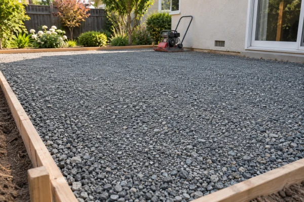 Graded crushed aggregate base prepared for a concrete patio
