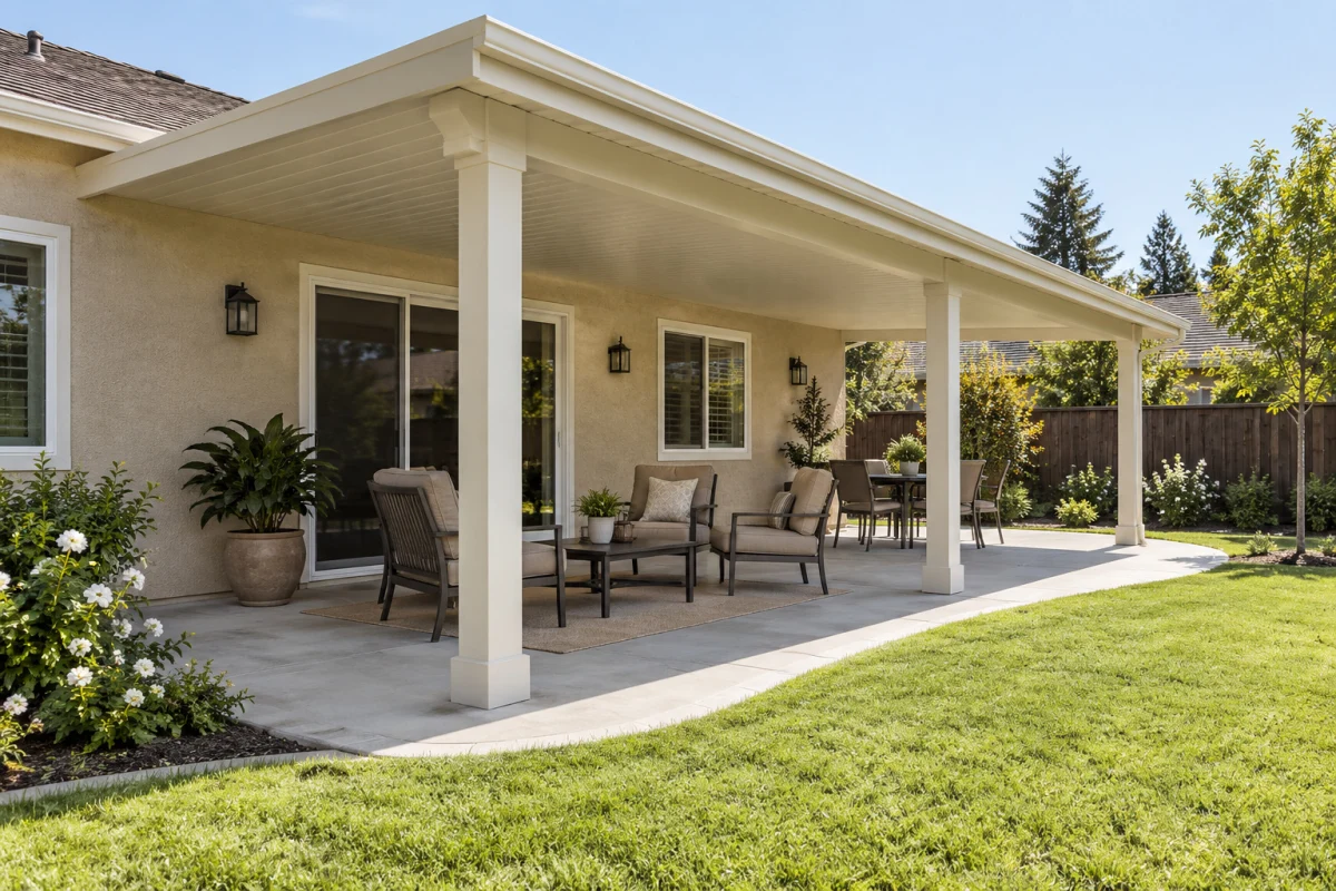 White patio cover with columns over seating beside a lawn