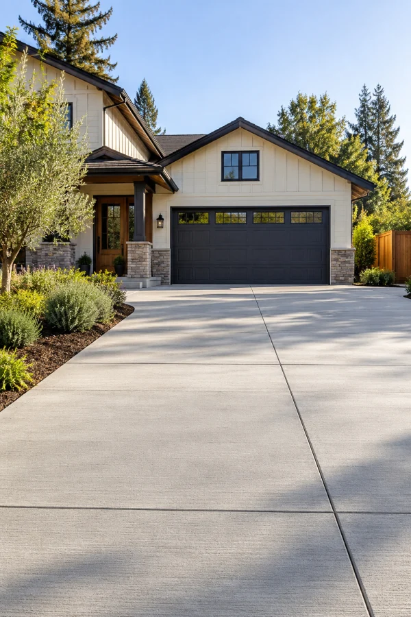 New concrete driveway with saw-cut joints beside a house