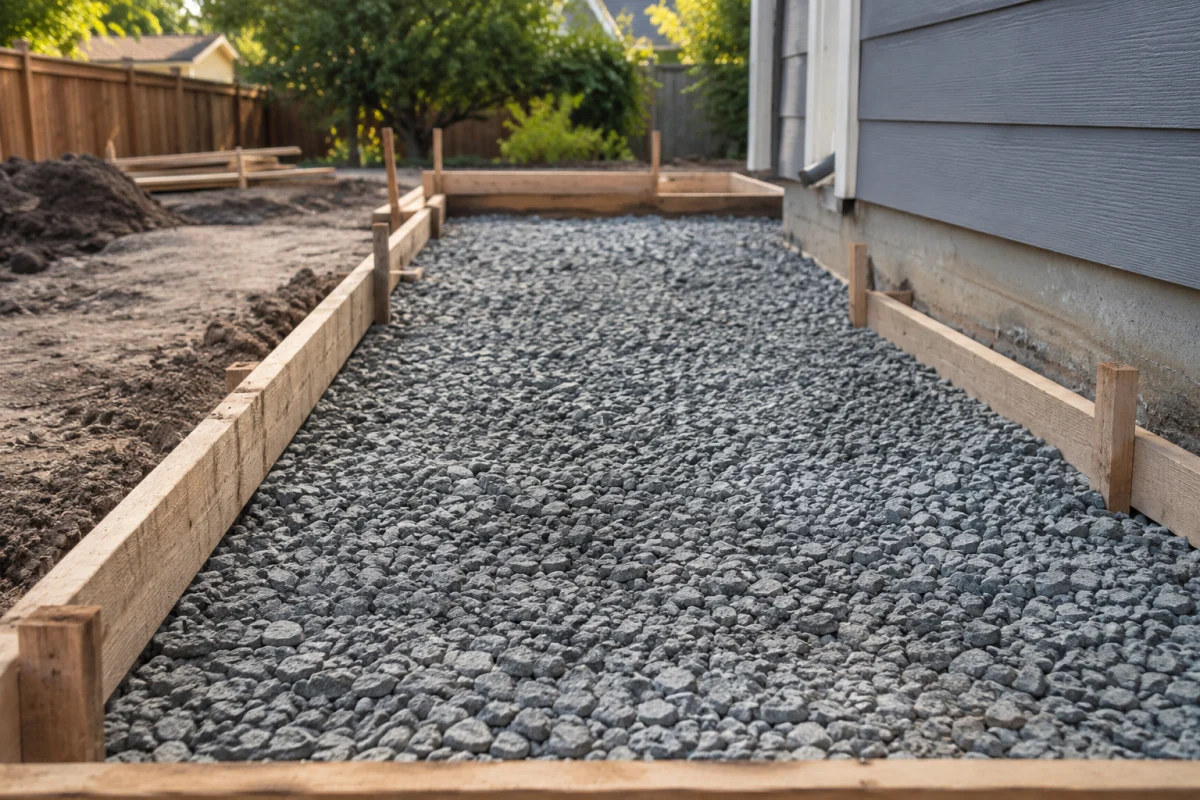 Compacted gravel base inside wood forms before a concrete pour