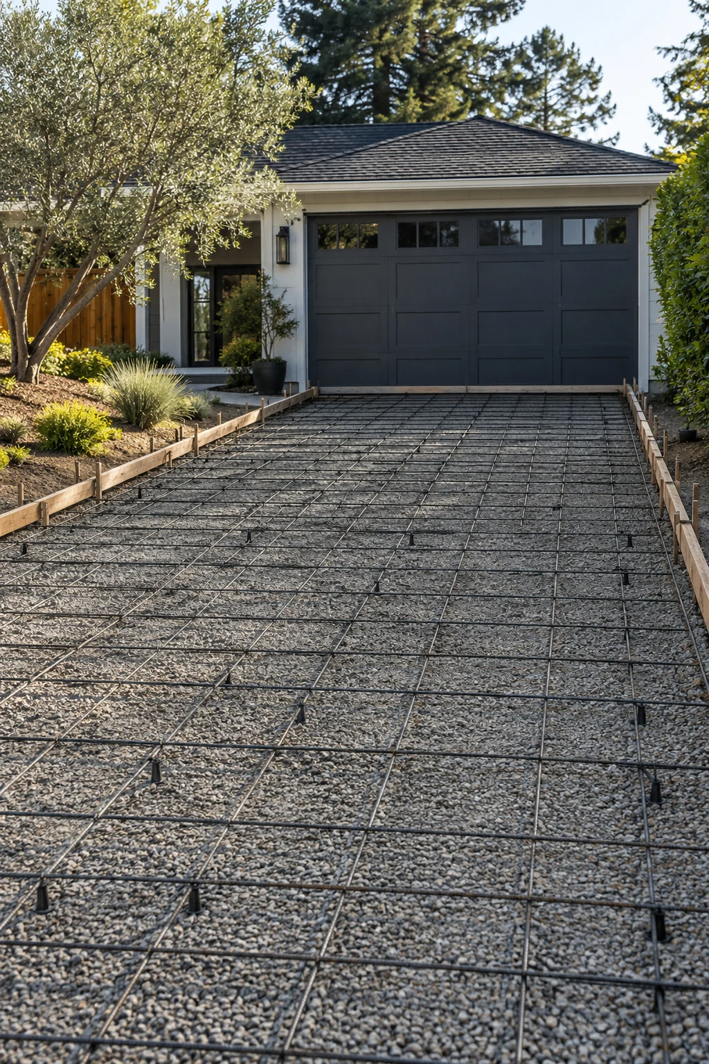 Driveway site with a gravel base, rebar and wood forms