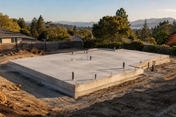 New concrete foundation slab with anchor bolts on a cleared lot