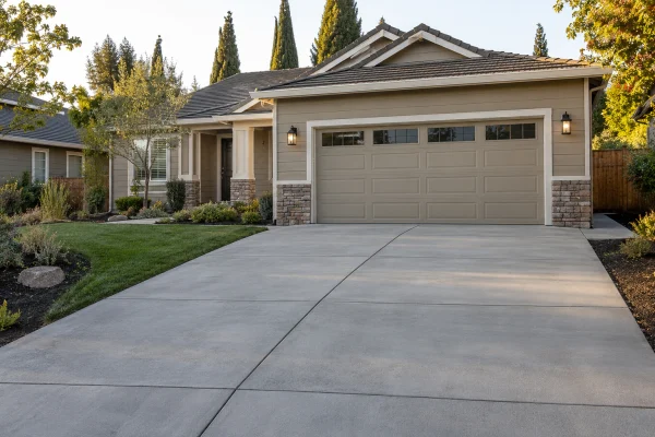 Wide concrete driveway leading to a two-car garage