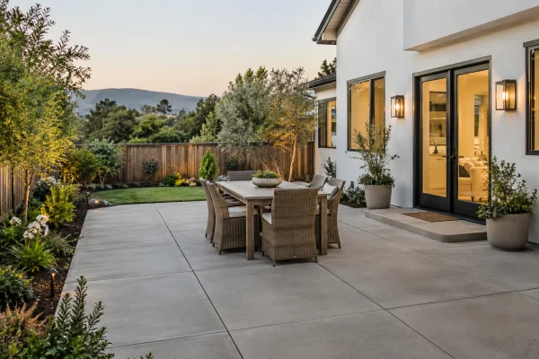 Concrete patio with a dining table beside a white house
