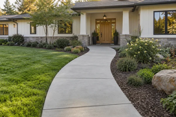 Curved concrete walkway leading to a front door