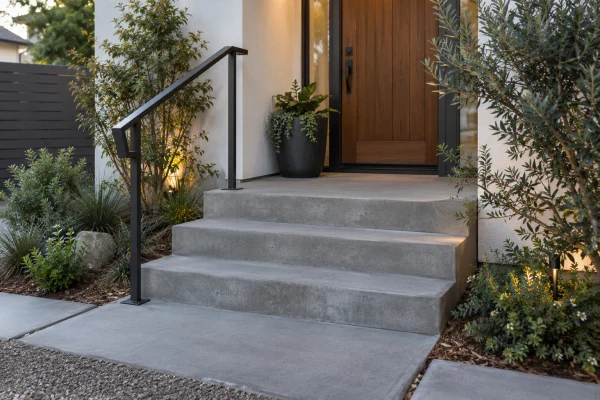 Three concrete entry steps with a dark handrail
