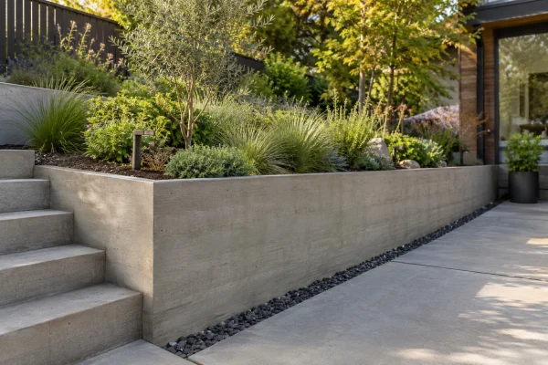 Low concrete retaining wall holding a planted terrace