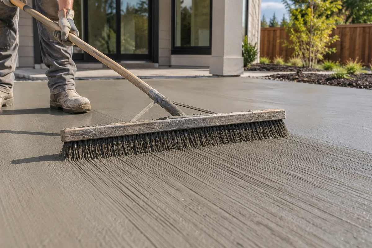 Worker drawing a finishing broom across fresh concrete