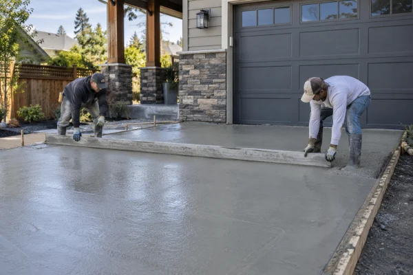 Two workers leveling a fresh concrete driveway