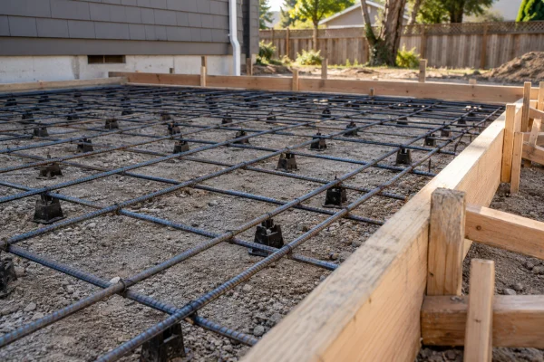 Rebar grid on supports inside forms before a pour
