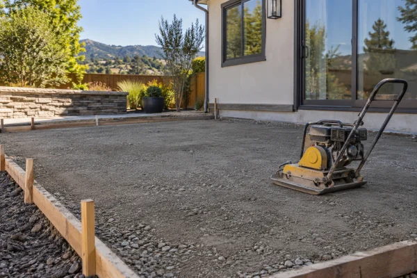 Plate compactor on a leveled patio base