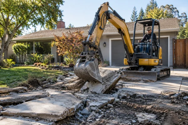 Small excavator removing an old concrete driveway