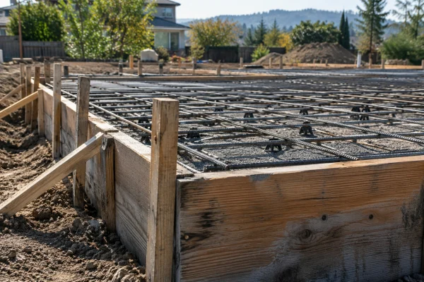 Edge of a wood form with rebar set above the base