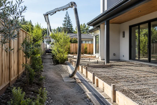 Concrete pump hose reaching a backyard through a side yard