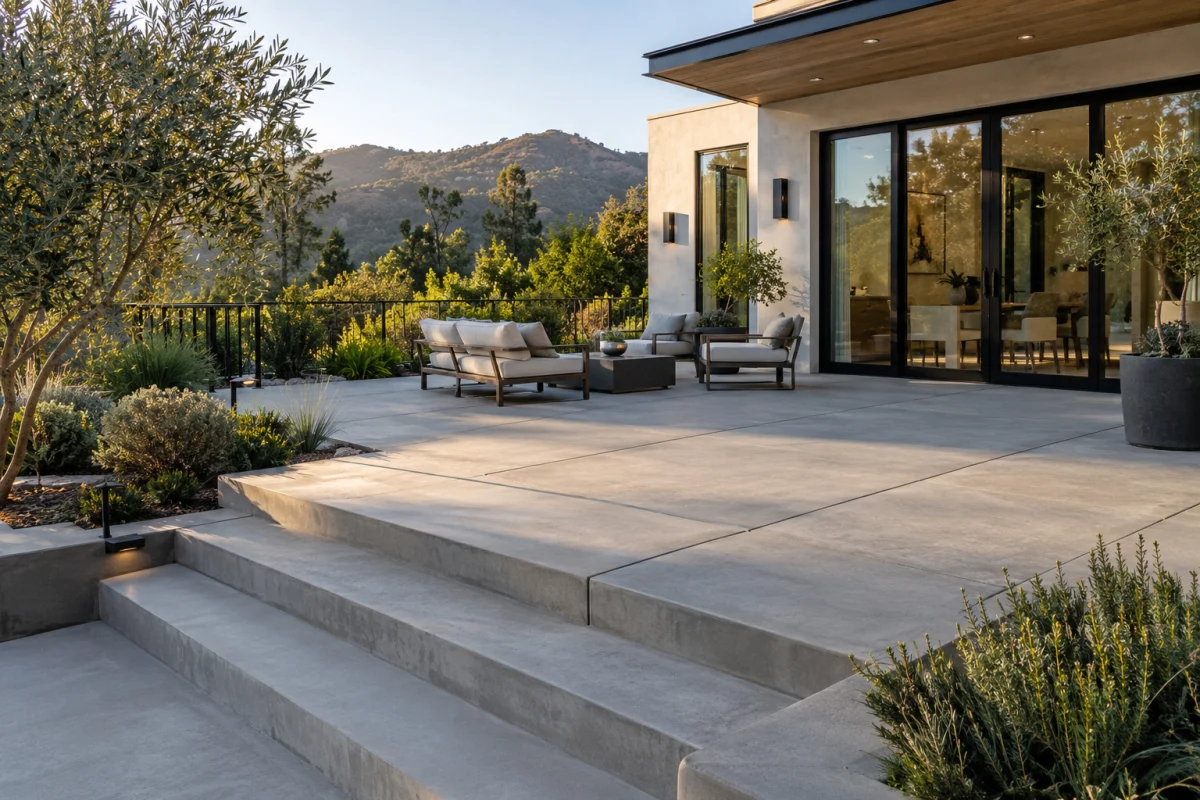 Large concrete terrace with wide steps beside a house