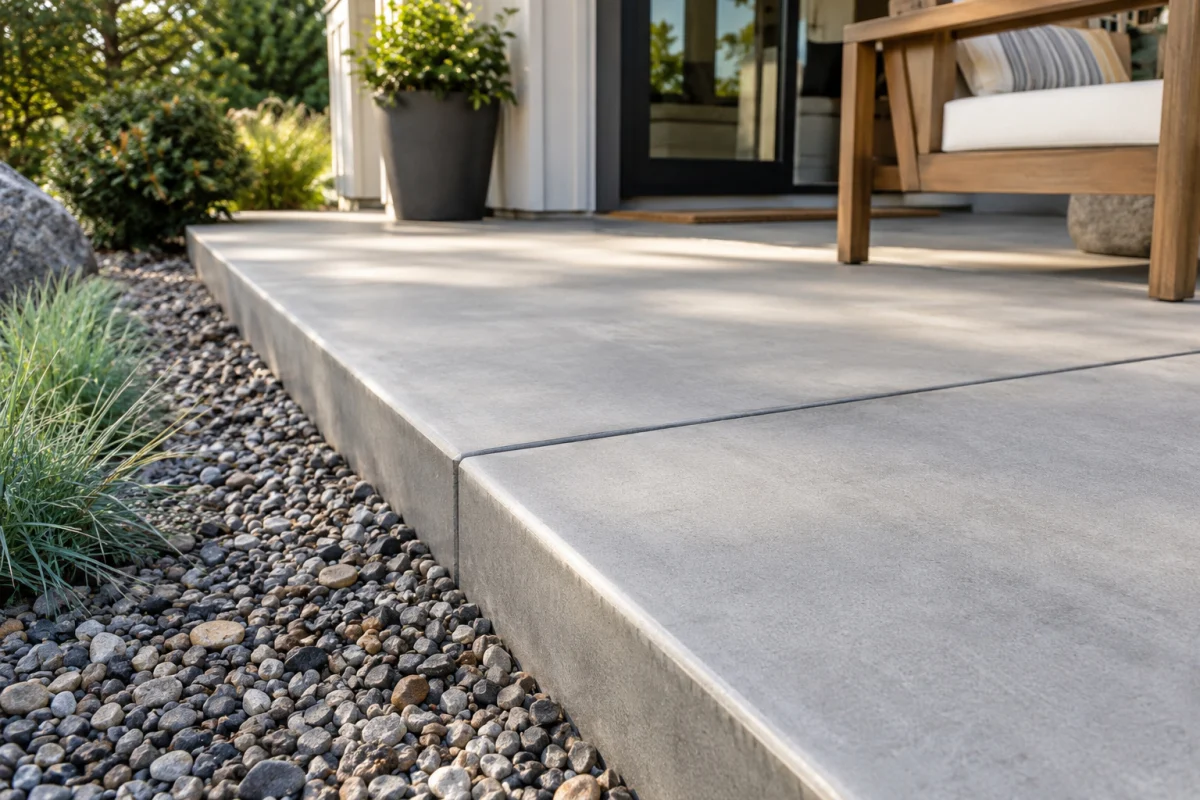 Concrete patio edge beside decorative gravel