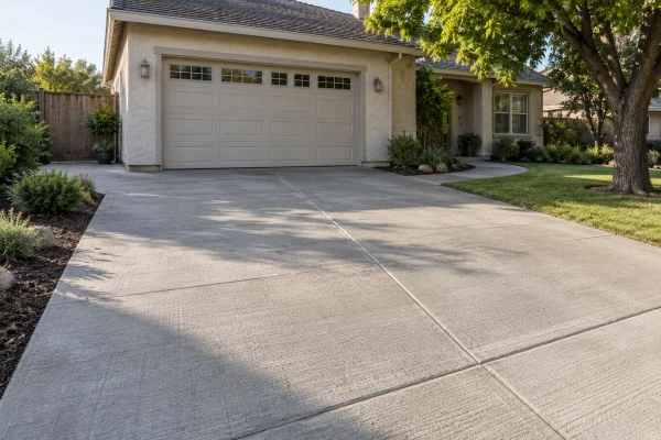 New broom-finished concrete driveway to a stucco house