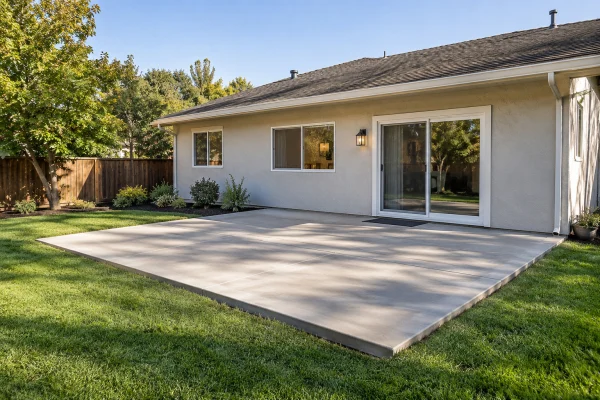 New rectangular concrete patio behind a single-story house