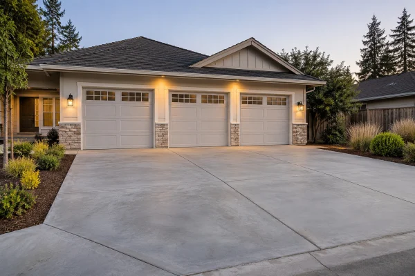 Wide concrete driveway in front of a three-car garage